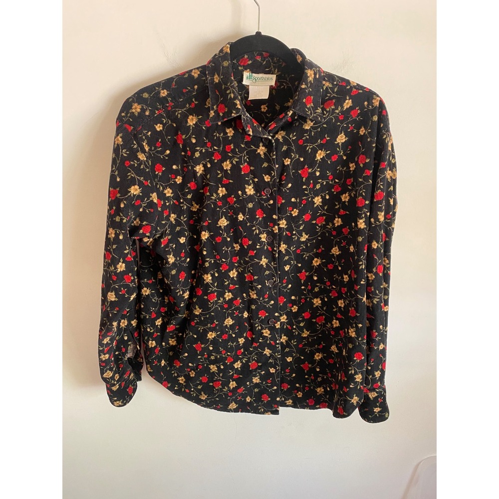 Sportables Vintage Black Corduroy Floral Button Up Shirt Red Rose Made‎ in USA M